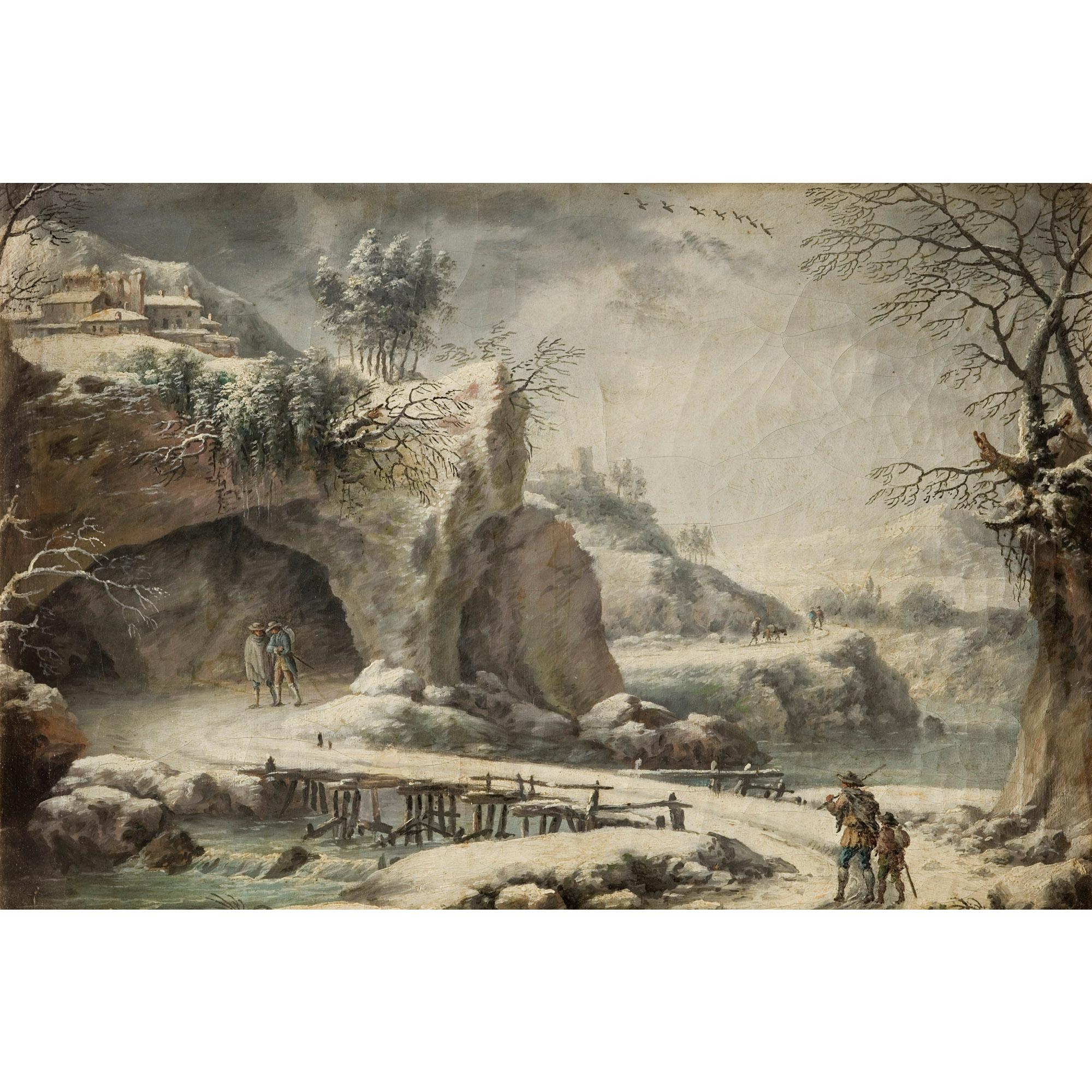 Francesco Foschi - Paysage De Rivière Gelée Animé De Personnages