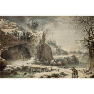 Francesco Foschi - Paysage De Rivière Gelée Animé De Personnages