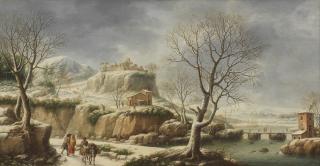 Francesco Foschi - Travellers before a river in a winter landscape