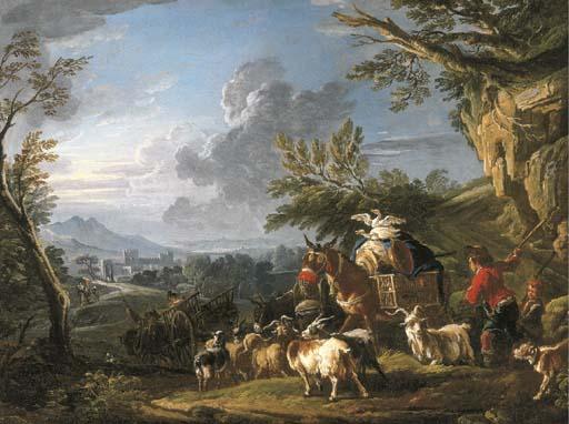 Francesco-Giuseppe Casanova - A landscape with travelers and a drover with his herd of goats on a path, a town beyond