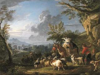 Francesco-Giuseppe Casanova - A landscape with travelers and a drover with his herd of goats on a path, a town beyond
