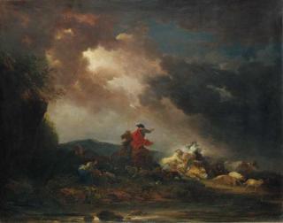 Francesco Giuseppe Casanova - A stormy landscape with a horseman and a woman riding an ox, by a river; A stormy landscape with a wagon and horses bolting into a river