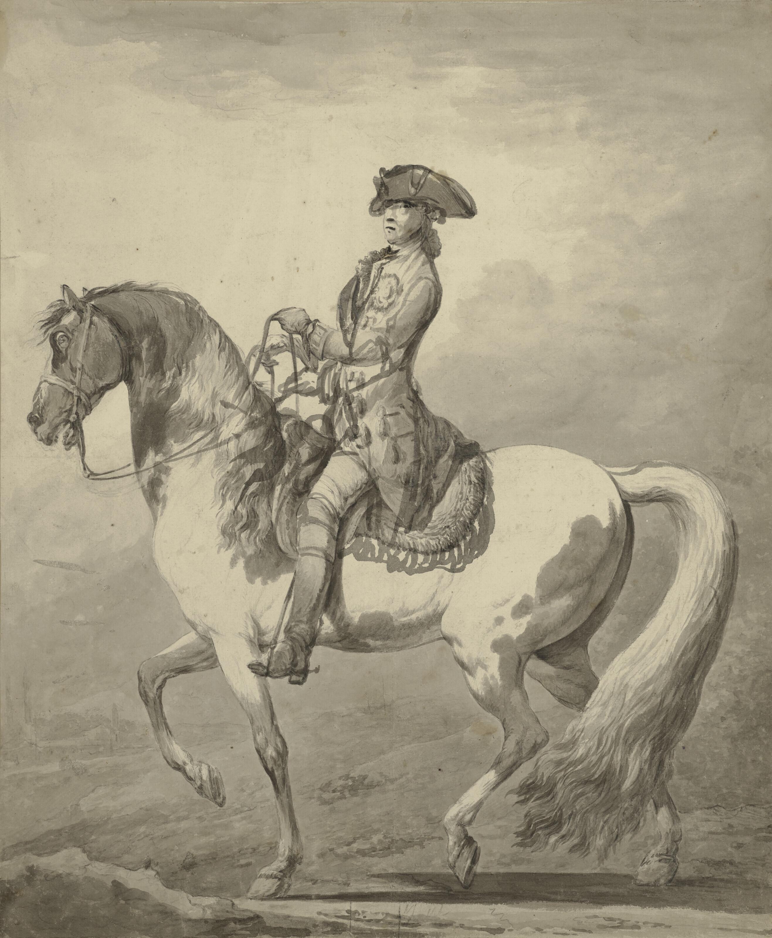 Francesco-Giuseppe Casanova - Portrait équestre de Frédéric II (?) (recto) ; Essai de lavis gris au pinceau (verso)