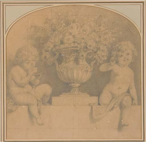 Francesco Gonin - Trois projets de décor d\'intérieur: Trois putti volant entourés de fleurs, l\'un tenant un panier; Un putto fumant et un autre lisant un journal; et Un vase de fleurs avec un putto buvant une tasse de thé et un autre saluant