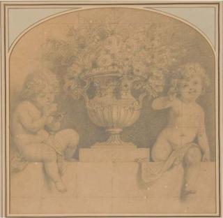 Francesco Gonin - Trois projets de décor d\'intérieur: Trois putti volant entourés de fleurs, l\'un tenant un panier; Un putto fumant et un autre lisant un journal; et Un vase de fleurs avec un putto buvant une tasse de thé et un autre saluant