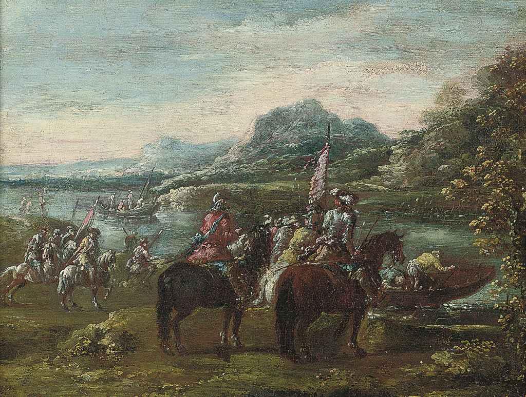 Francesco Graziani - A river landscape with cavalry officers on a bank