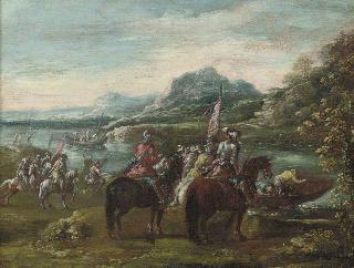 Francesco Graziani - A river landscape with cavalry officers on a bank