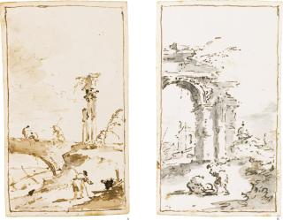 Francesco Guardi - A: A Landscape With Figures Over A Bridge And A Ruin Of An Ancient Building; B: Ruin Of A Triumphal Arch And Other Buildings