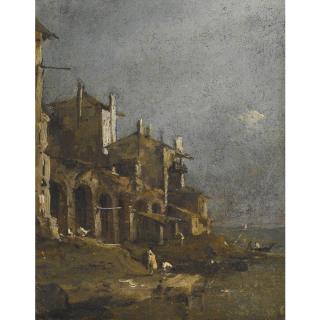 Francesco Guardi - A Capriccio Coastal Landscape With Figures On The Shore Beneath An Arcade