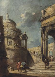 Francesco Guardi - A Capriccio Of A Palladian Rotunda And A Colonnade With Figures Conversing