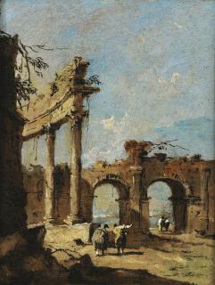 Francesco Guardi - A Capriccio Of A Ruined Corinthian Colonnade And A Double-Arched Gateway With Gentlemen Conversing In The Foreground