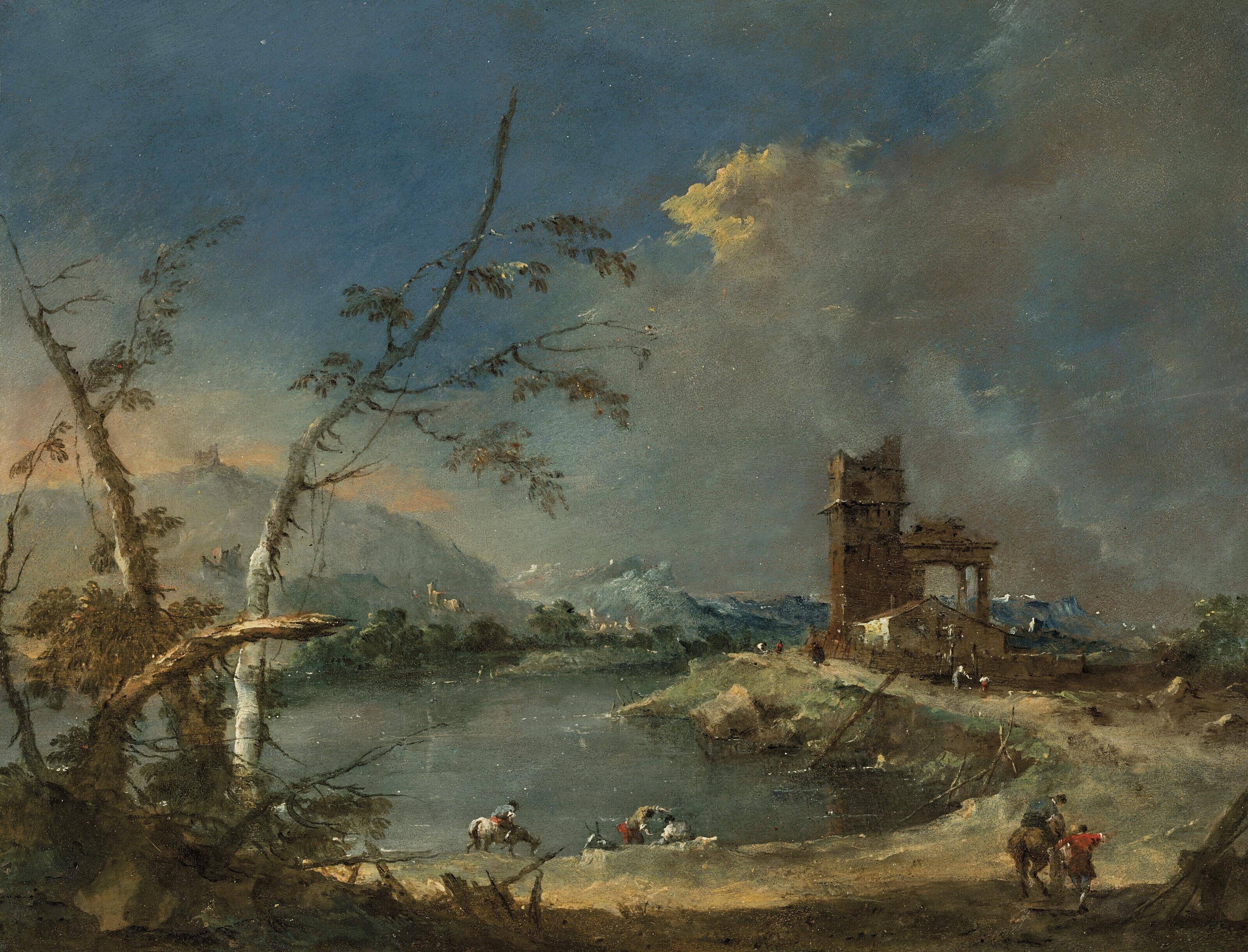 Francesco Guardi - A capriccio of a rustic tower beside a lake