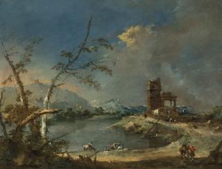 Francesco Guardi - A capriccio of a rustic tower beside a lake