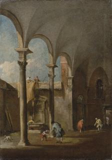 Francesco Guardi - A capriccio of an arcade in a courtyard, with a man talking to a boy and other figures