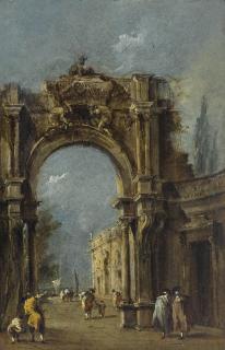 Francesco Guardi - A Capriccio Of An Archway, With Figures Beneath And A Lagoon Beyond
