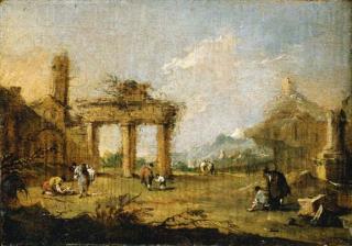 Francesco Guardi - A capriccio of figures amongst ruins, a mountain beyond