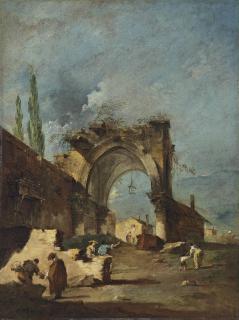 Francesco Guardi - A capriccio of ruined buildings, with cypresses and figures by an arch