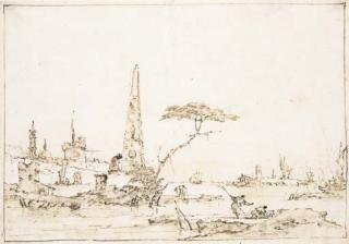 Francesco Guardi - A Capriccio Of The Venetian Lagoon With An Obelisk Outside A Fortified Town, Figures In The Foreground