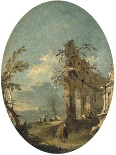 Francesco Guardi - A capriccio of the Venetian lagoon, with figures by classical ruins