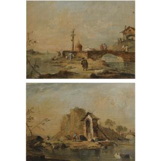 Francesco Guardi - A Capriccio View Of The Venetian Lagoon With A Bridge, An Obelisk And A Cupola Beyond; A Capriccio View Of The Venetian Lagoon With A Traveller Before An Altar