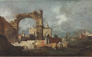Francesco Guardi - A capriccio with a ruined arch and a villa beyond, figures in the foreground