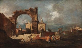 Francesco Guardi - A capriccio with a ruined arch and a villa beyond