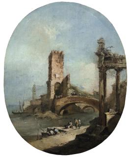 Francesco Guardi - A capriccio with a ruined temple, a fortified bridge and a campanile on the lagoon
