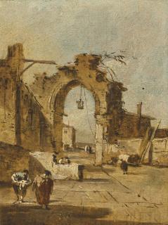 Francesco Guardi - A capriccio with figures promenading by ruins