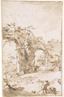Francesco Guardi - A capriccio with ruins and a small temple (recto); An elegant interior with garlanded columns (verso)