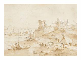 Francesco Guardi - A lagoon capriccio with a ruined tower, a tent and other buildings
