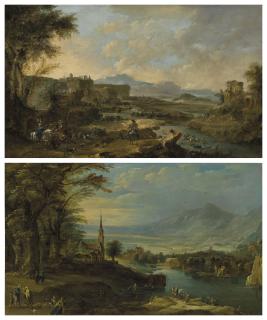 Francesco Guardi - A mountainous river landscape with boaters, fishermen and a fortune teller; and A mountainous river landscape with a hunting party