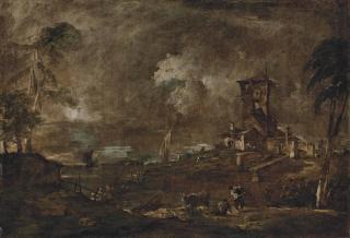 Francesco Guardi - A Venetian capriccio with a rustic tower by a lagoon, figures with cattle and sheep, a sailboat and a church beyond