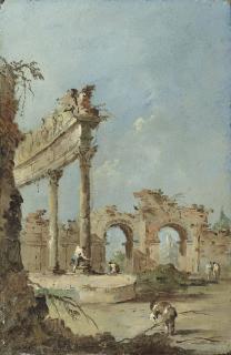 Francesco Guardi - An Architectural Capriccio With A Man Collecting Branches And Figures By Ruins