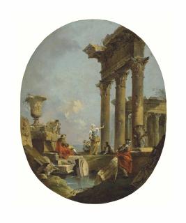 Francesco Guardi - An architectural capriccio with figures by ruins near a shore