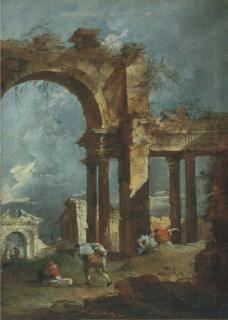 Francesco Guardi - An architectural capriccio with figures in front of a ruined arch, with other ruins beyond