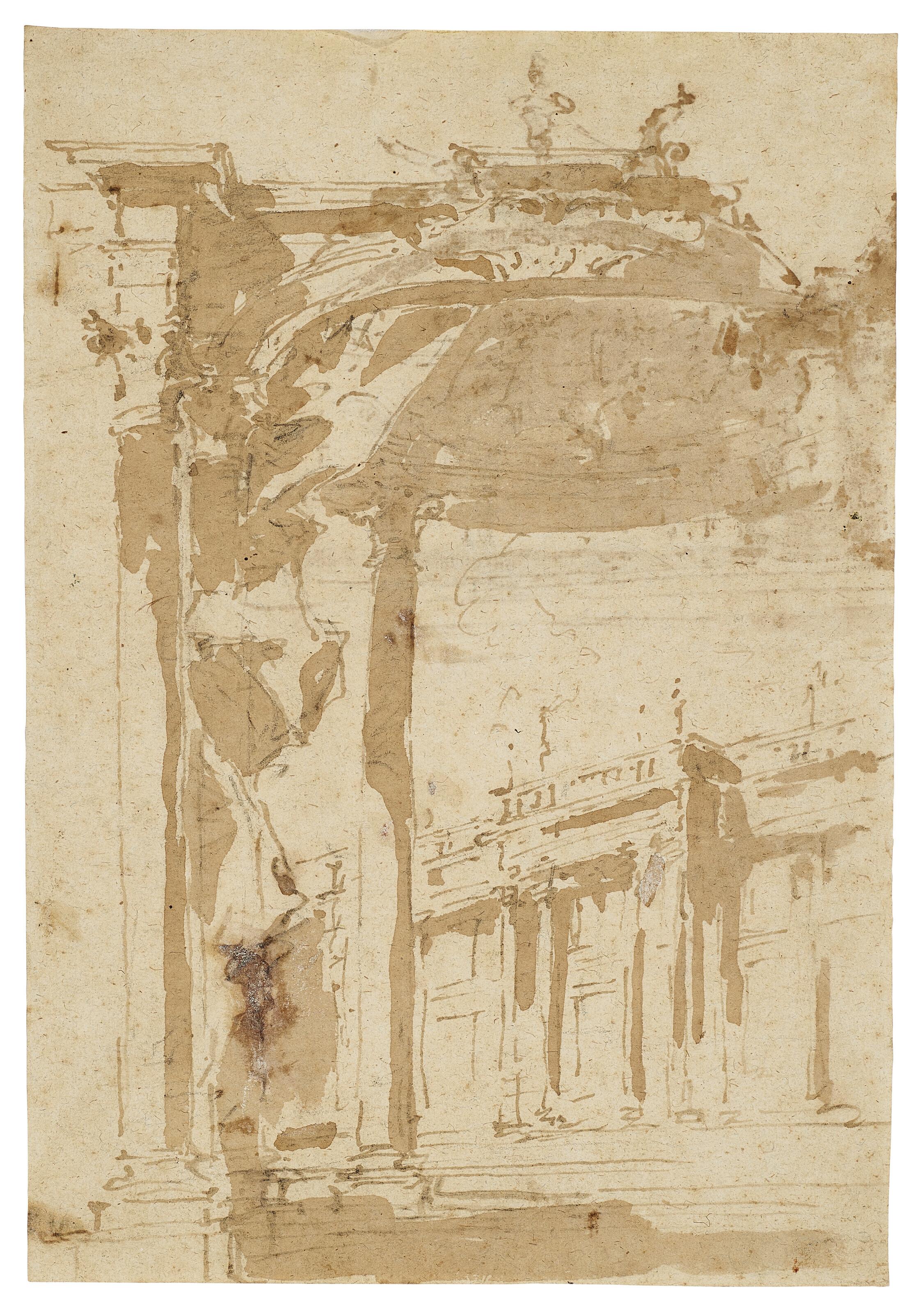 Francesco Guardi - Architectural capriccio with an arch and awning (recto); An architectural study (verso)