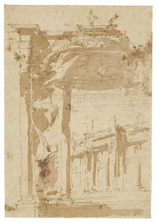 Francesco Guardi - Architectural capriccio with an arch and awning (recto); An architectural study (verso)