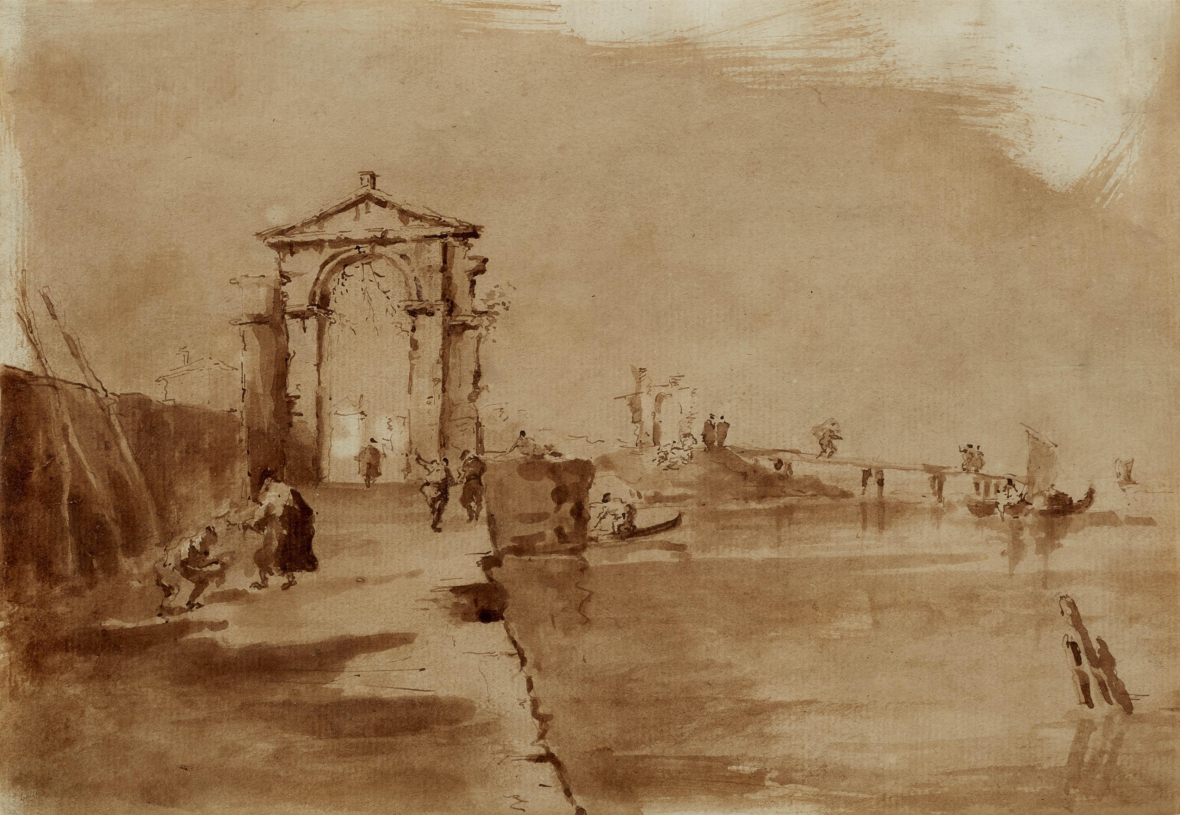 Francesco Guardi - Architekturcapriccio mit Torbogenruine und kleiner hafenanlage mit Steg