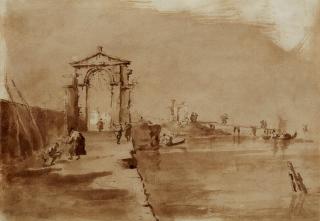 Francesco Guardi - Architekturcapriccio mit Torbogenruine und kleiner hafenanlage mit Steg