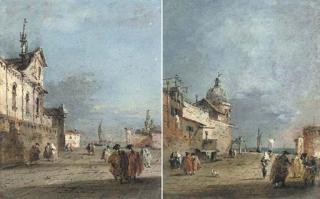 Francesco Guardi - Capricci of churches by the Venetian lagoon with elegant company promenading