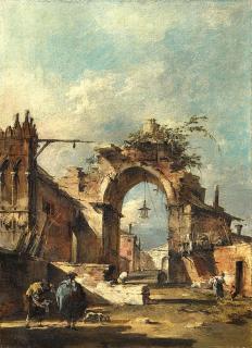 Francesco Guardi - Capriccio con arco rovinato e mura di paese