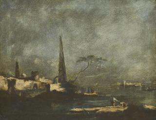 Francesco Guardi - Capriccio Landscape With An Obelisk And A Maritime Pine Tree, With Figures Beside The Water