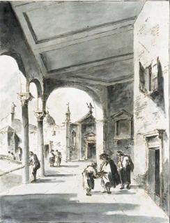 Francesco Guardi - Figures in a loggia near a church