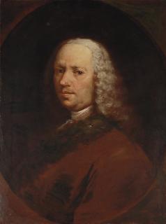 Francesco Guardi - Portrait of a gentleman, bust-length, in a fur-trimmed red coat and a powdered wig, in a feigned oval