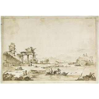 Francesco Guardi - Recto: A Capriccio With Figures, An Island To The Right And A Boat In The Foreground Verso: Studies Of Rocailles