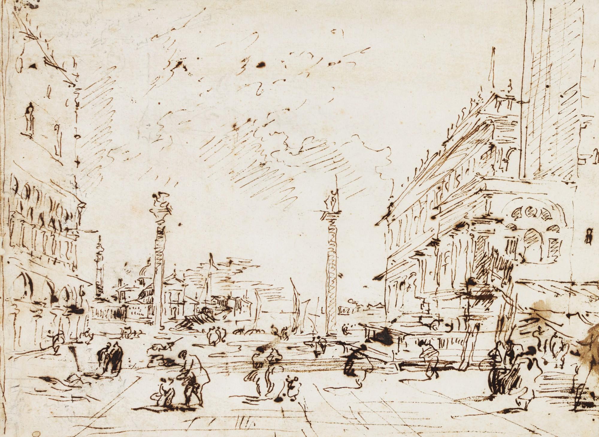 Francesco Guardi - Recto: View of the Piazzetta, Venice, looking towards S. Giorgio Maggiore Verso: Study for a Madonna and Child and an adoring Saint, by Giovanni Battista Tiepolo (Venice 1696-1770 Madrid)