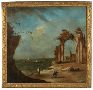 Francesco Guardi - Un caprice avec un obélisque à l\'entrée d\'un port fortifié;  Un caprice avec une arche en ruines sur le lagon