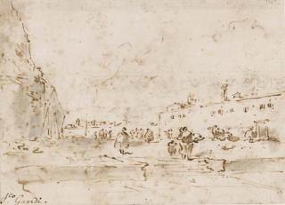 Francesco Guardi - Vue d\'une place ouverte sur la lagune de Venise (recto); Vue de la la rive d\'un lac avec des collines dans le fond (verso)