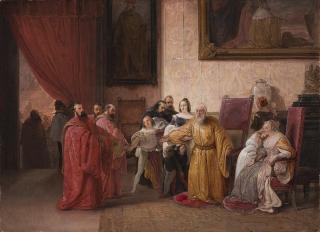 Francesco Hayez - Il Doge Francesco Foscari obbligato dai tre capi del Consiglio de\' Dieci a rinunciare al Dogato
