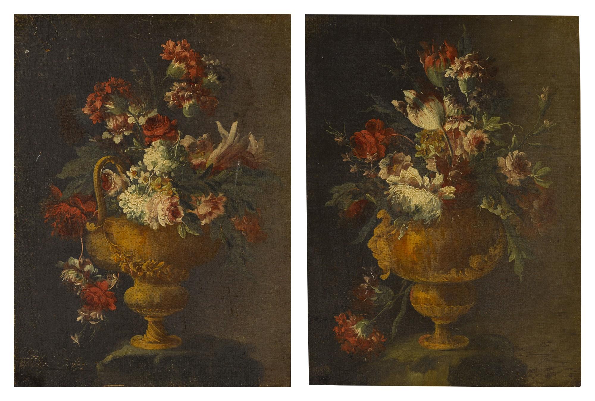 Francesco Lavagna - A still life of summer flowers including pink roses, in a gilt vase; and A still life of flowers, including narcissi and a lily in a gilt vase with a handle